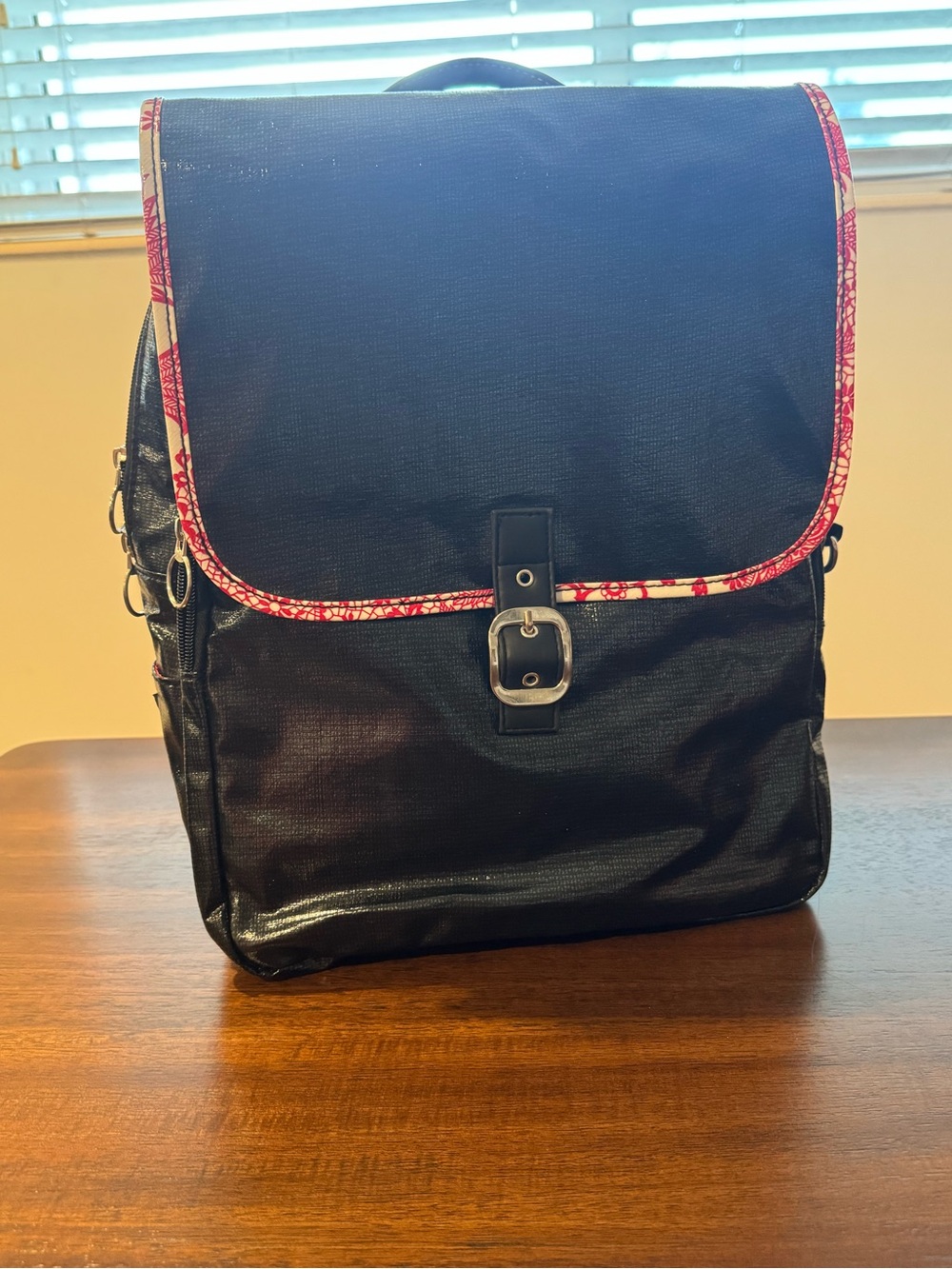 NWOT Fleebags Coated Oilcloth Backpack Red Lace Floral Trim